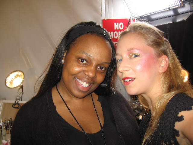 Pat would often use me as the demo model if none of the girls had showed up yet. Here we are backstage at Anna Sui; half of my face had the runway look! Sometimes at Dior or Galliano she would demo one look on 1/2 my face and another on the other 1/2. 